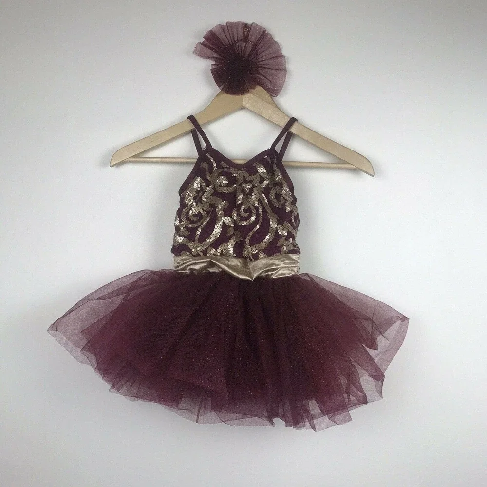 Weissman Girls Dance Costume Leotard Overlay Tulle Skirt Maroon‎ Gold 7/8